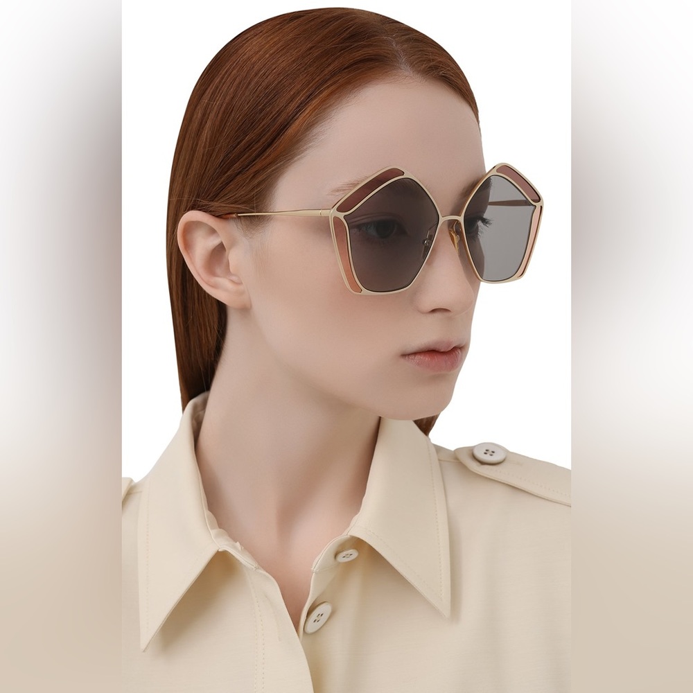 New authentic💯- CHLOE CH0024S 002 Round Gold Pink Grey 60 mm Women's Sunglasses - Picture 10 of 14